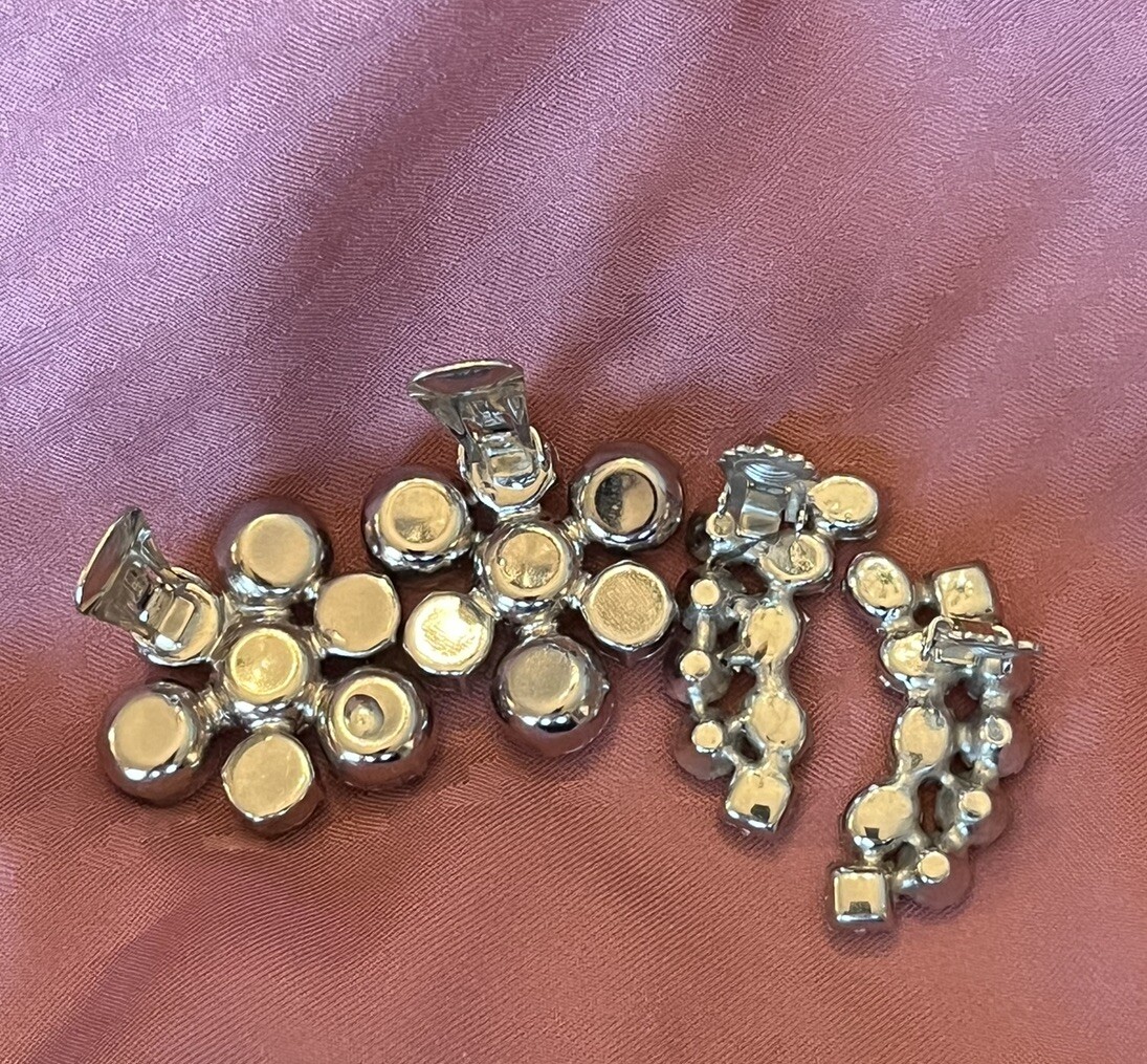 Two Pair Mid Century Clear Rhinestone Statement Earrings