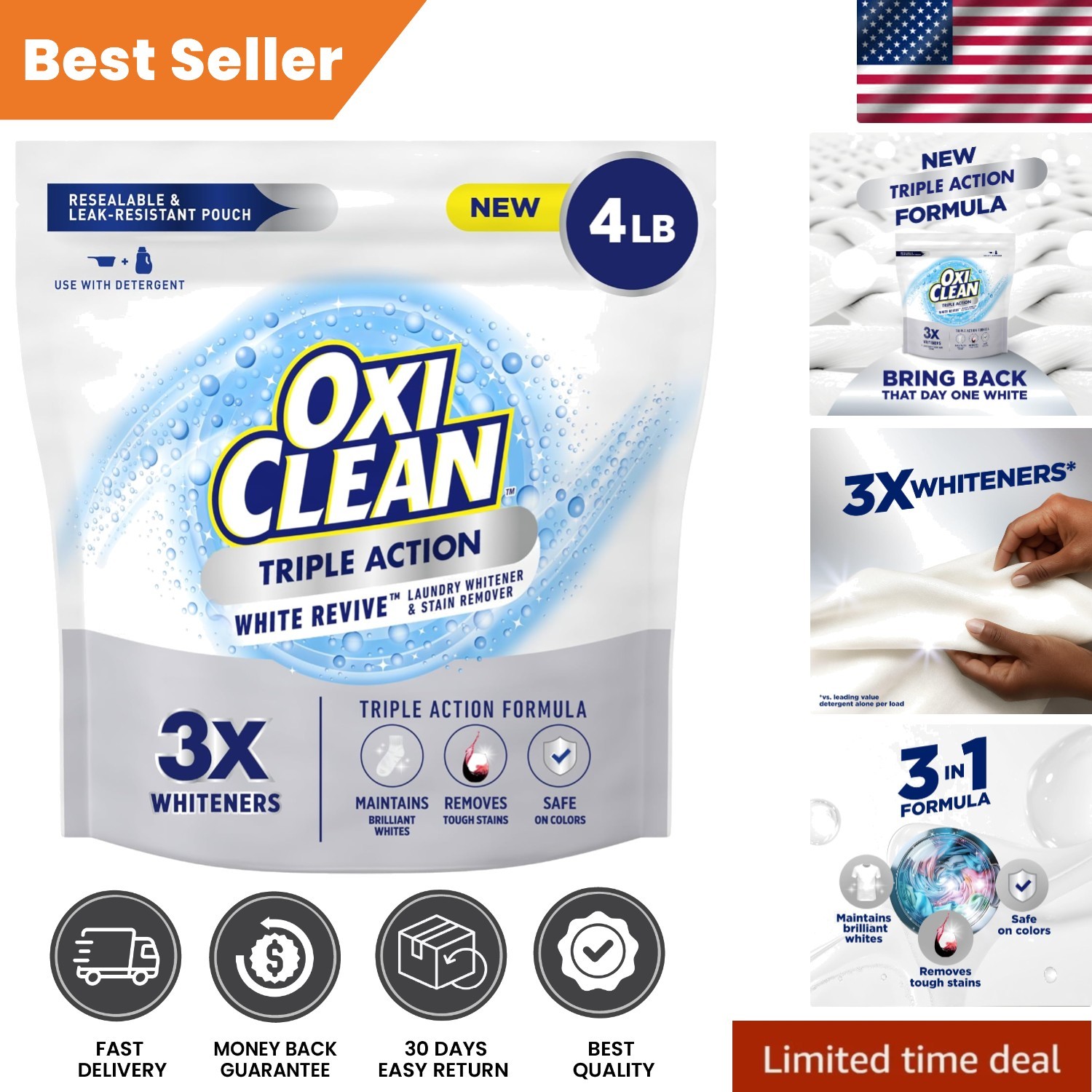 64 Ounce Triple Action Laundry Whitener - Removes Tough Stains, Chlorine Free