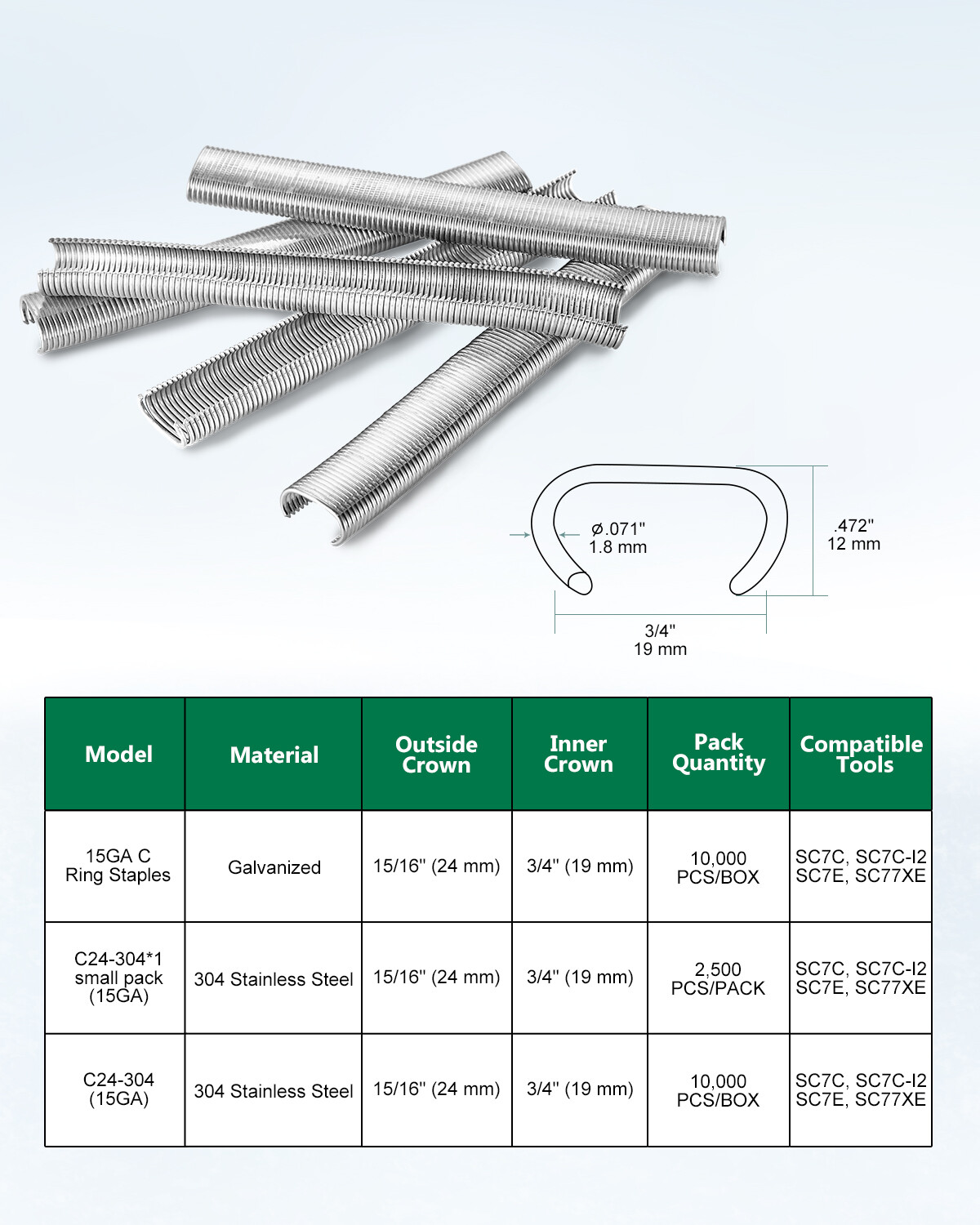 Meite SC7-15GA 3/4" C/Hog Ring Staples in Gal/Stainless Steel, 2500/10000 Pcs