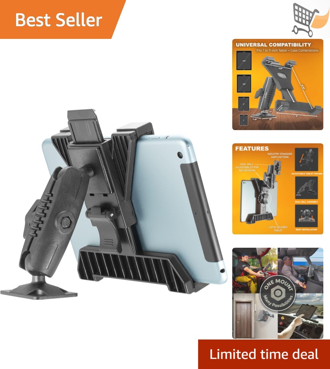 Heavy Duty Tablet Mount Black 7-11in Adjustable Wall Dash Truck