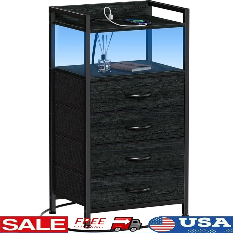 Charging Night Stand W/ LED Light Storage Drawers USB Ports Bedside Table