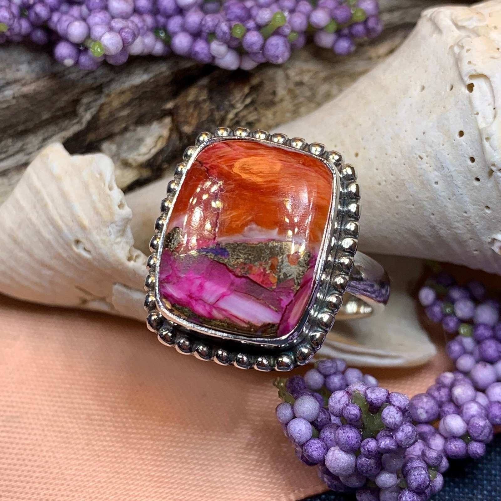 Ladies Statement Ring Boho Spiny Oyster Turquoise Large Wiccan Pagan Ring 925