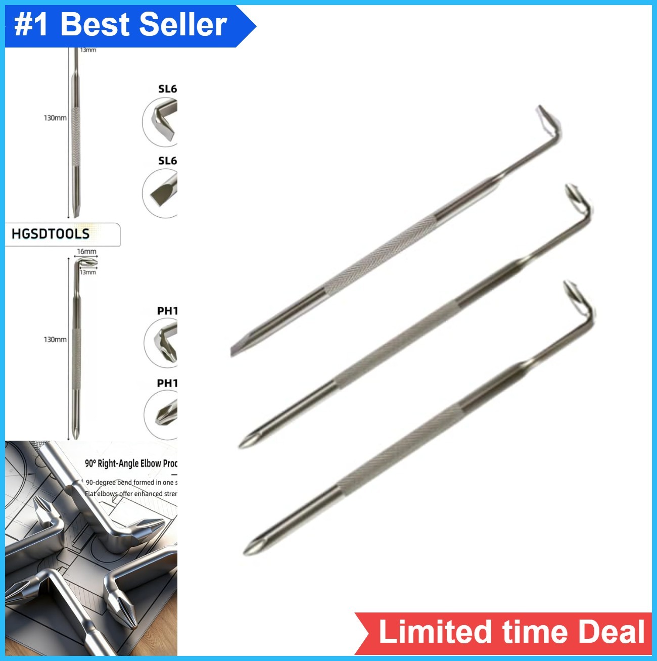 3 Piece 90 Degree L-Type Double End Screwdriver Set PH1 PH2 SL6 S2 Alloy Steel