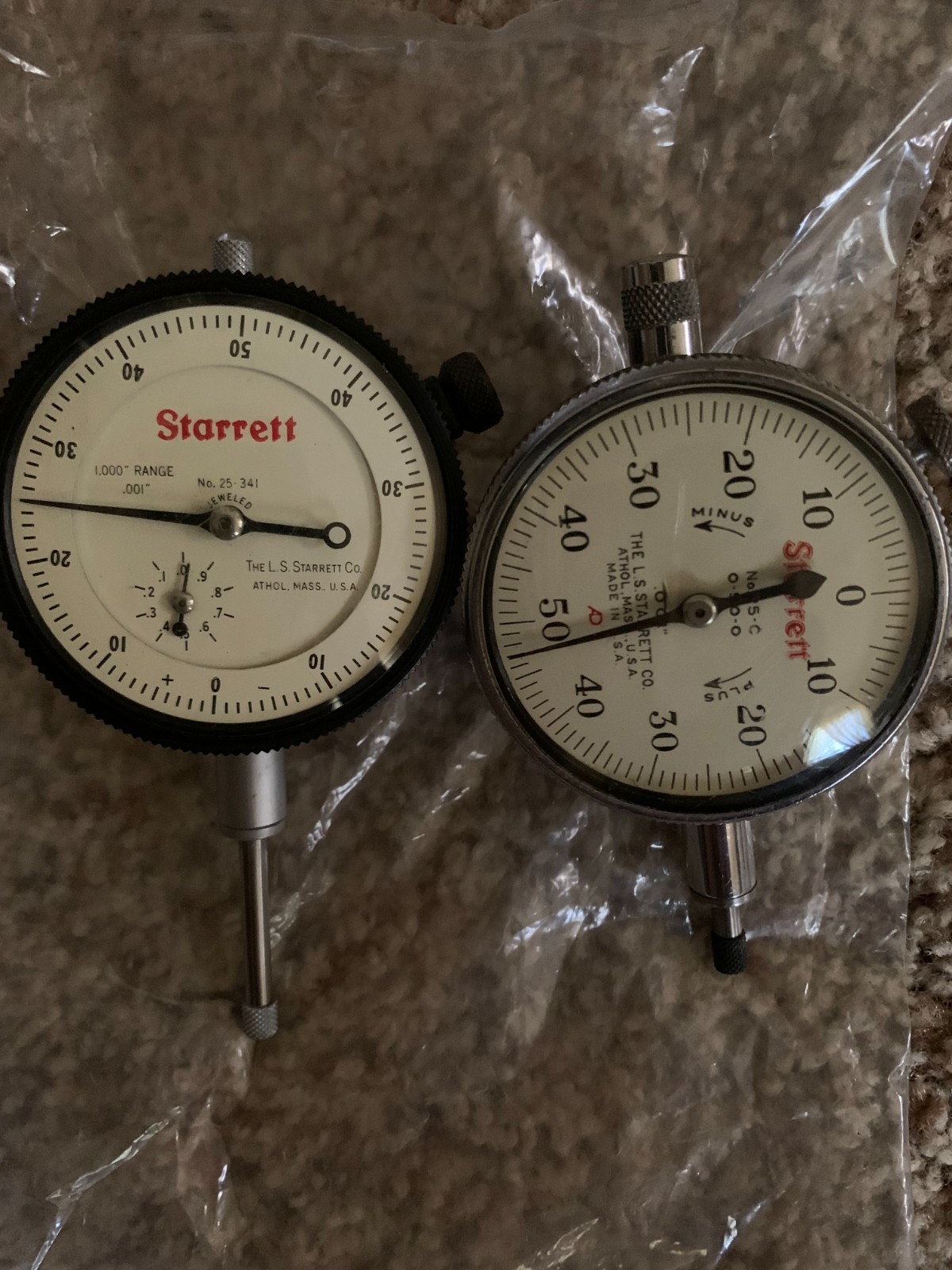 2 Dial Indicators-Starrett 25-341 - Dial Indicator .001 and 25C/ 0-50-0/ .001
