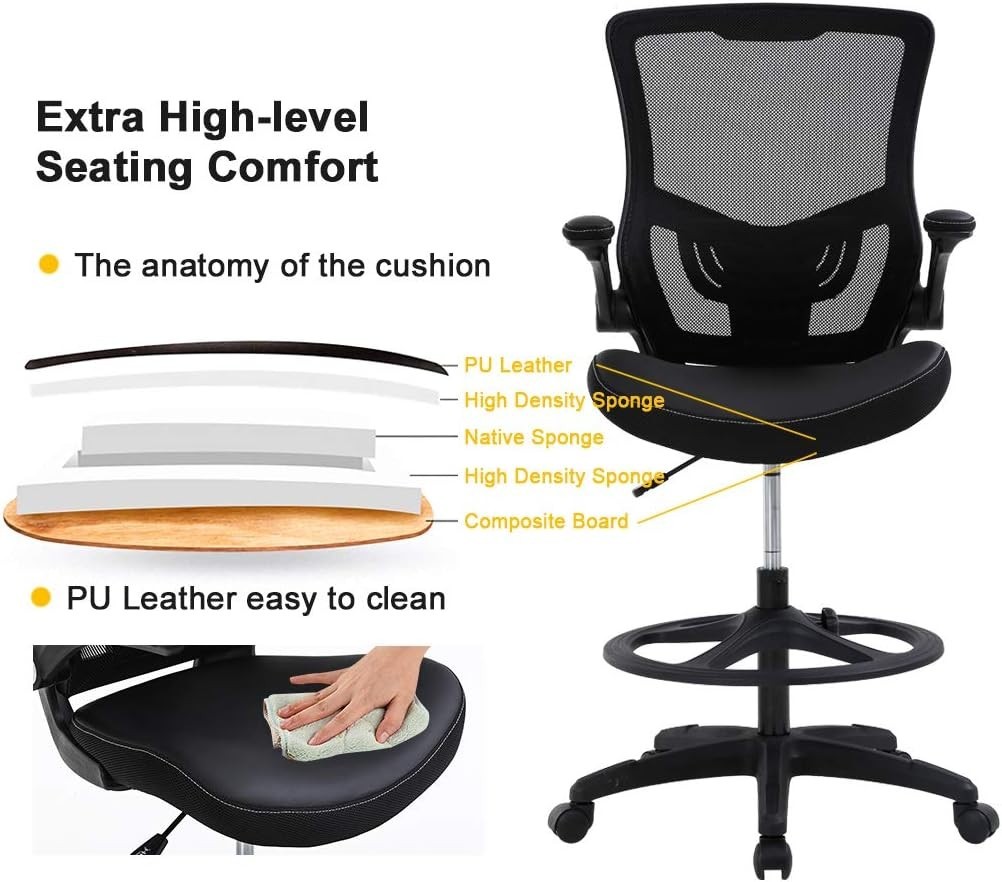 Tall Drafting Office Chair with Back Support & Foot Rest - Mesh and Faux Leather