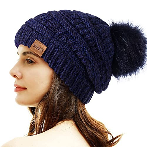 Women Winter Pom Pom Beanie Hat with Warm Fleece Lined Navy