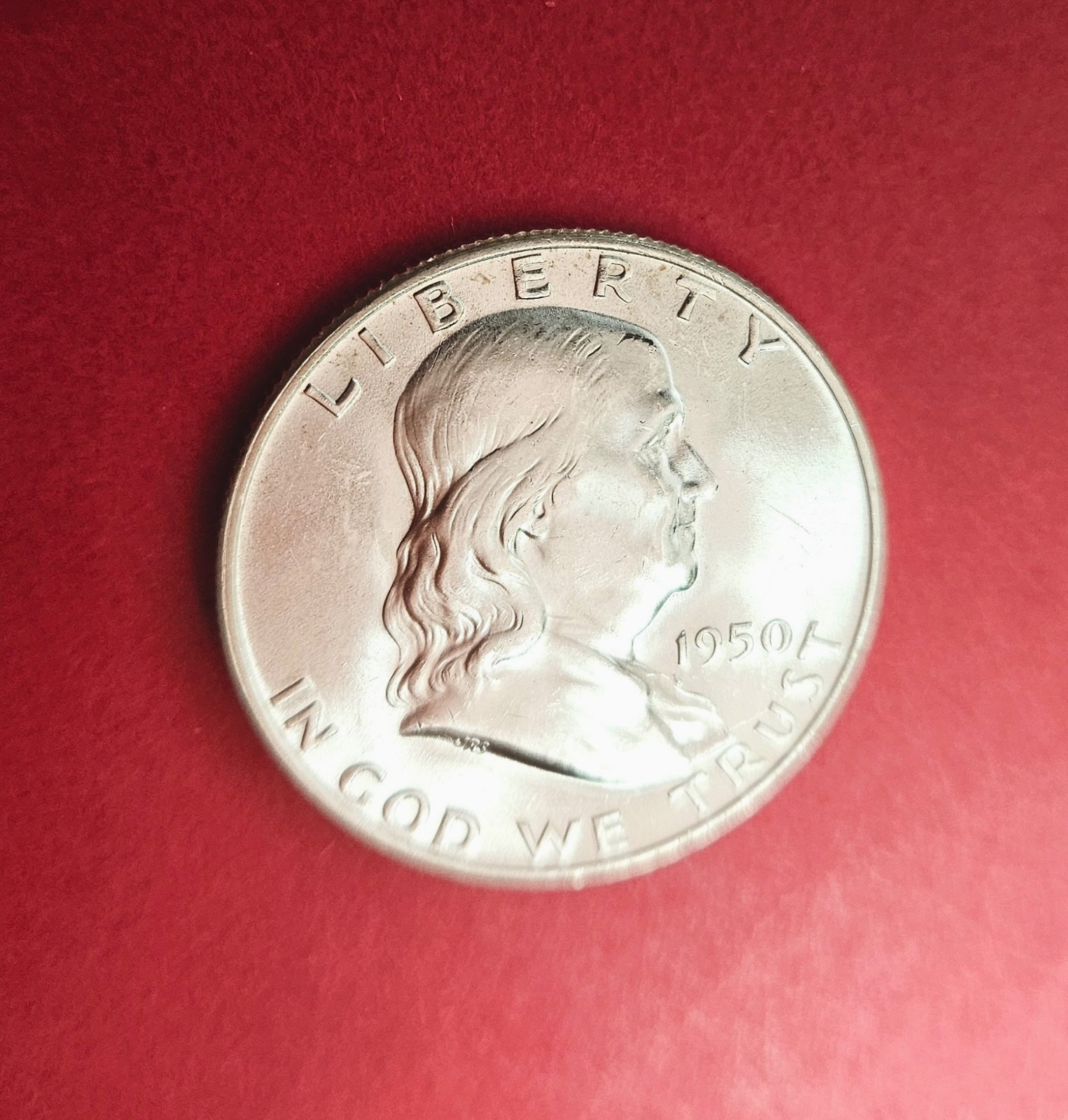 1950 D Franklin Silver Half Dollar. Uncirculated.  90% Silver.