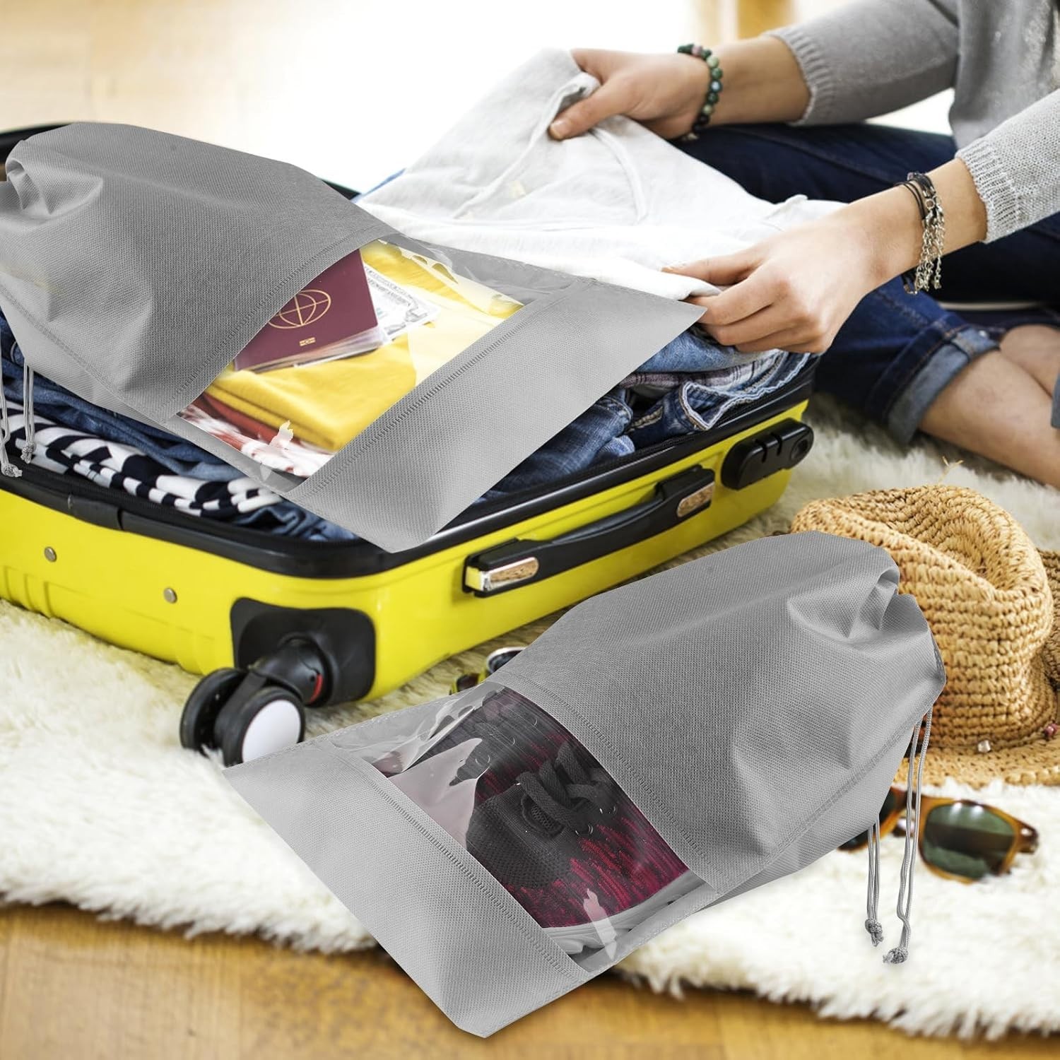 5-Pack Large Travel Shoe Bags – Gray Drawstring Storage with Clear Window