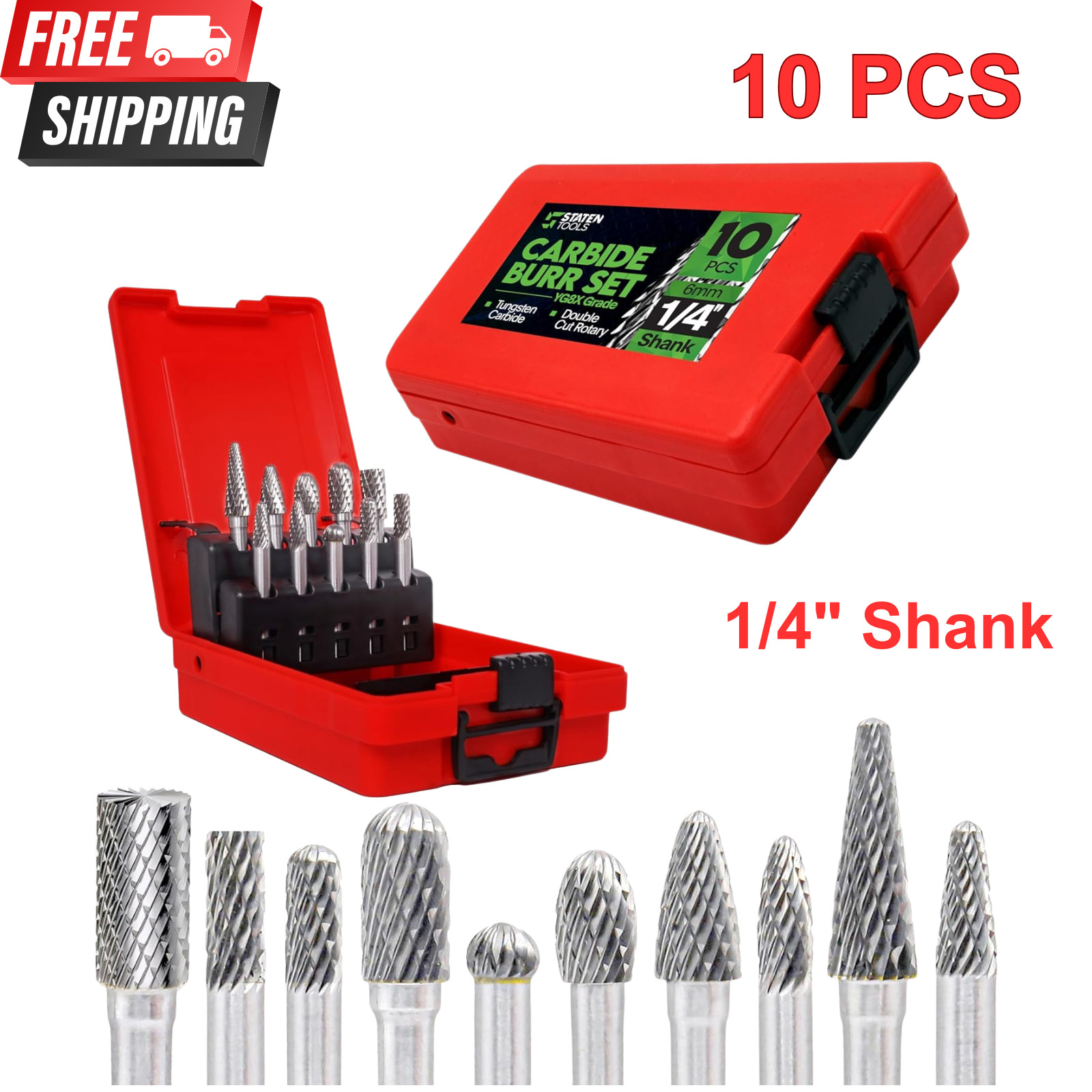Carbide Burr Set 1/4" Shank 10pc Double Cut Die Grinder Bits for Milling Carving