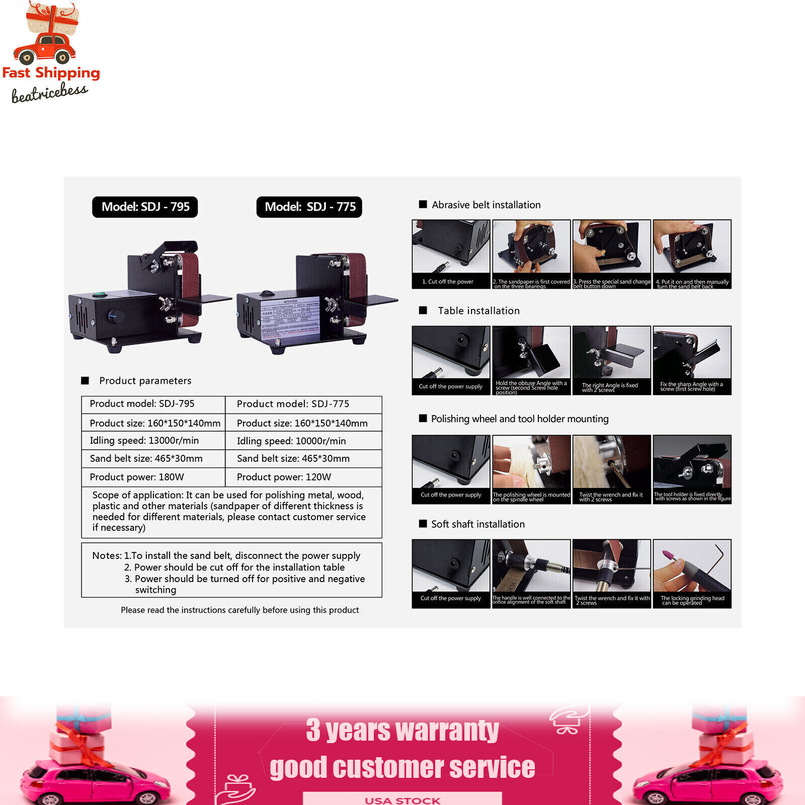 Electric Polishing Grinding Machine with 10PC Abrasive Belt for Wood Metal Knife