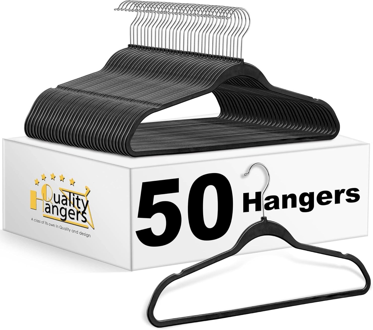 50-Pack Slim Black Plastic Hangers with Rotatable Chrome Hooks - Space-Saving