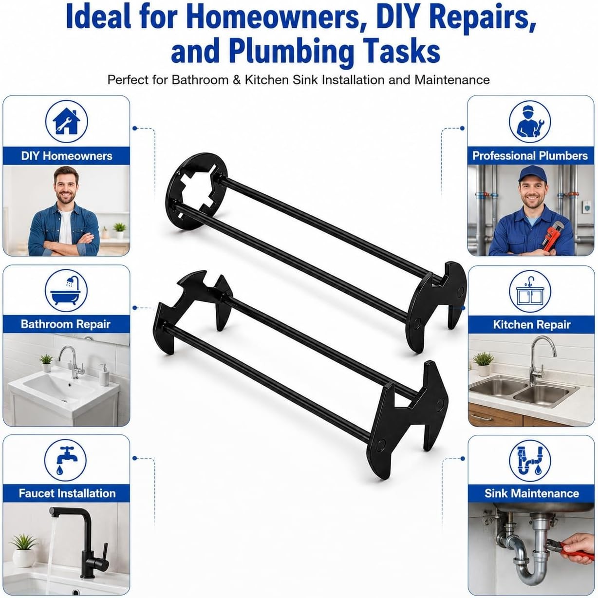 Efficient 2PCS Basin Wrench Set for Tight Spaces - Rotating Head & Metal Build
