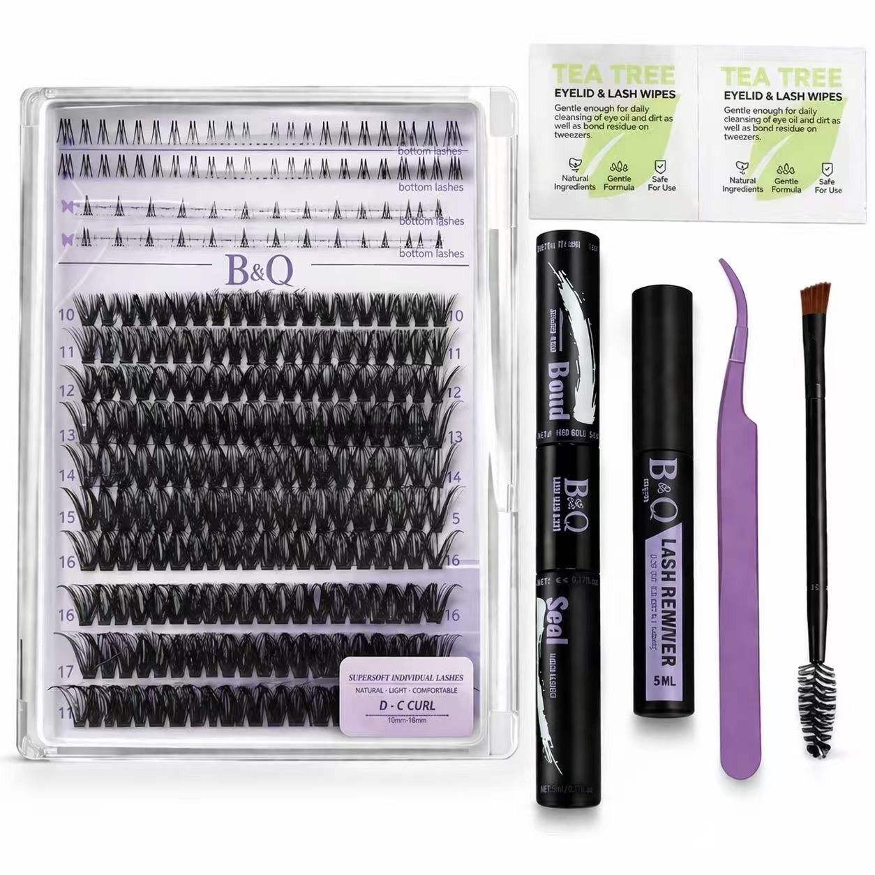 New - DIY Eyelash Extension Clusters Kit, 10-16 mm D-C Curl Flat Mixed Lash Kit