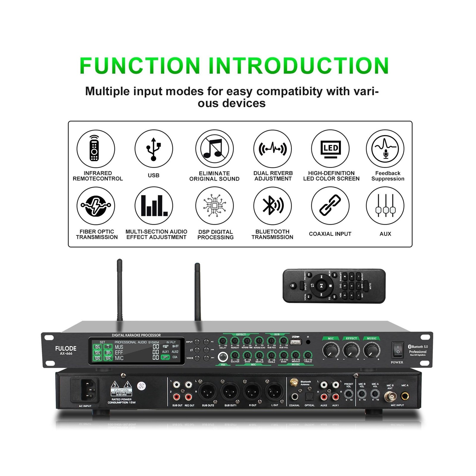 AX-666 Professional Karaoke Processor KTV Mixer with Dual Wireless Microphone...
