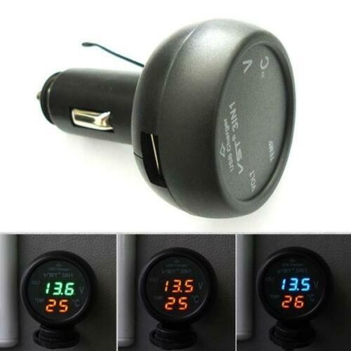 3in1 Digital Voltmeter Thermometer 12/24V Cigarette Lighter USB Car Charger