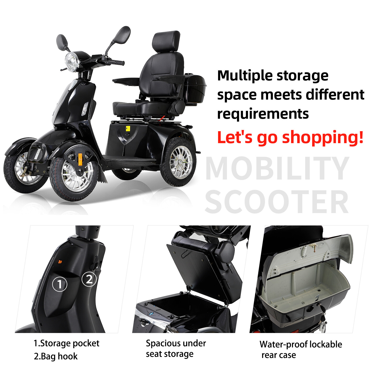 4 Wheels Mobility Scooter 800W Motor 60V 20Ah Battery Adult Senior Black