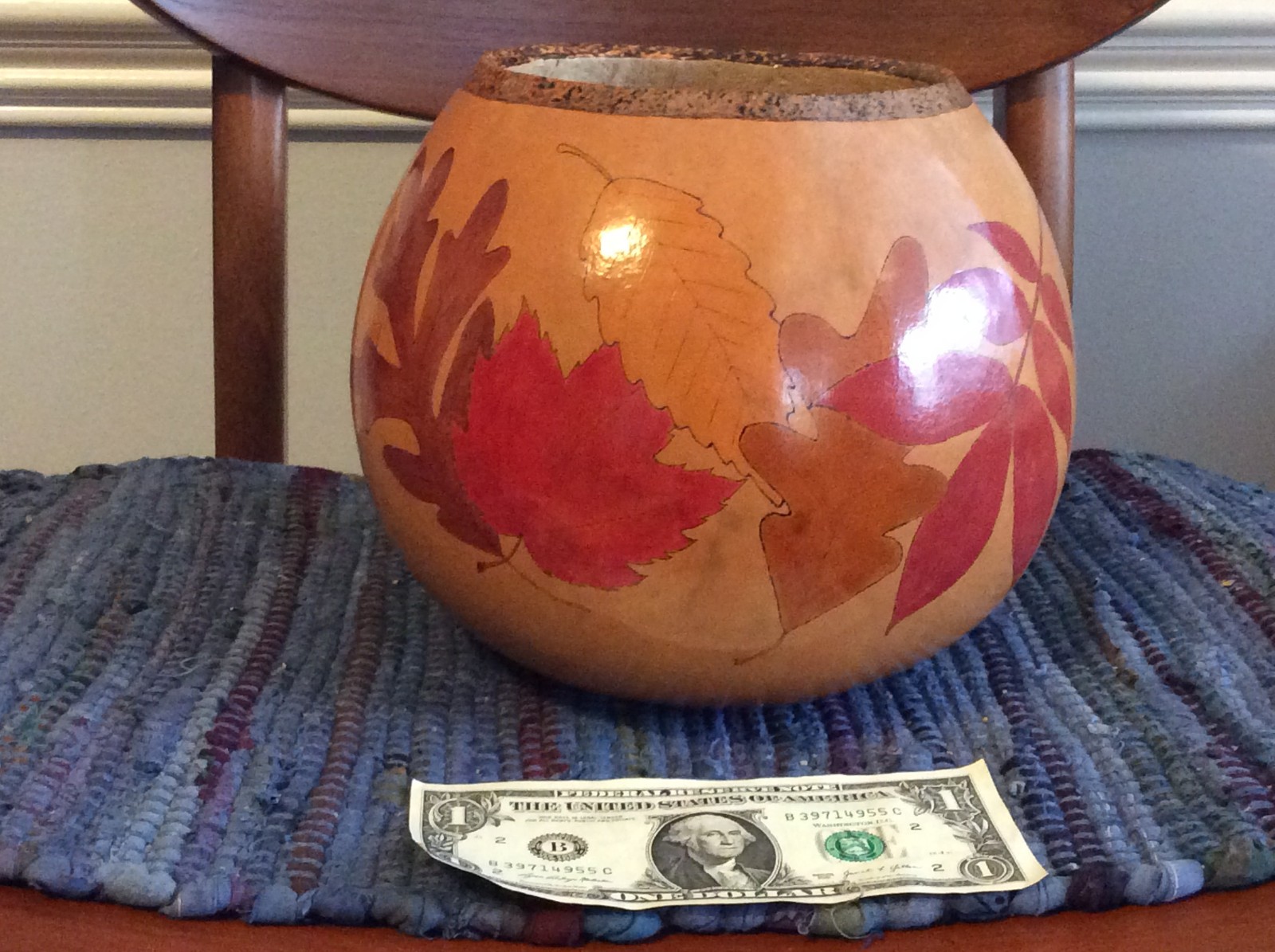 8" tall hand painted gourd artist (B.Acker II) signed-Fall Leaf design-excellent