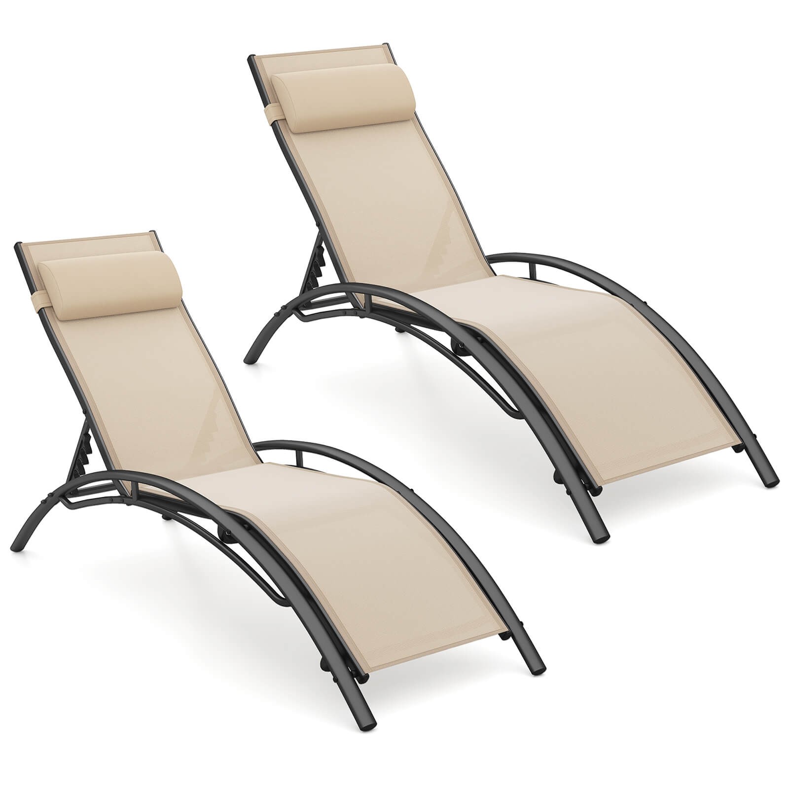 Patio Chaise Lounges Set of 2 w/5-Position Backrest & Breathable Seat Fabric