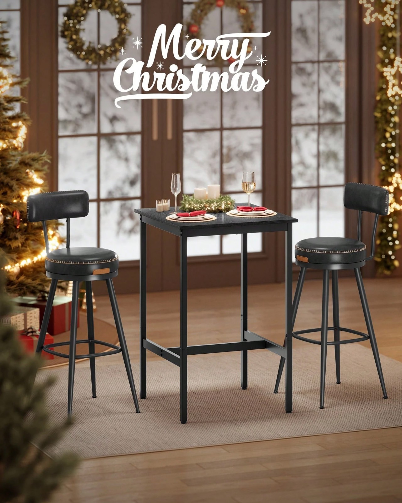 23.6in Square Bar Table Counter Height Metal Frame Black