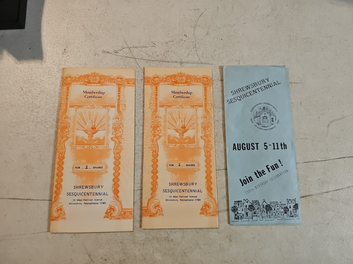 1984 Shrewsbury, Pennsylvania Sesquicentennial Brochure & Membership Certificate