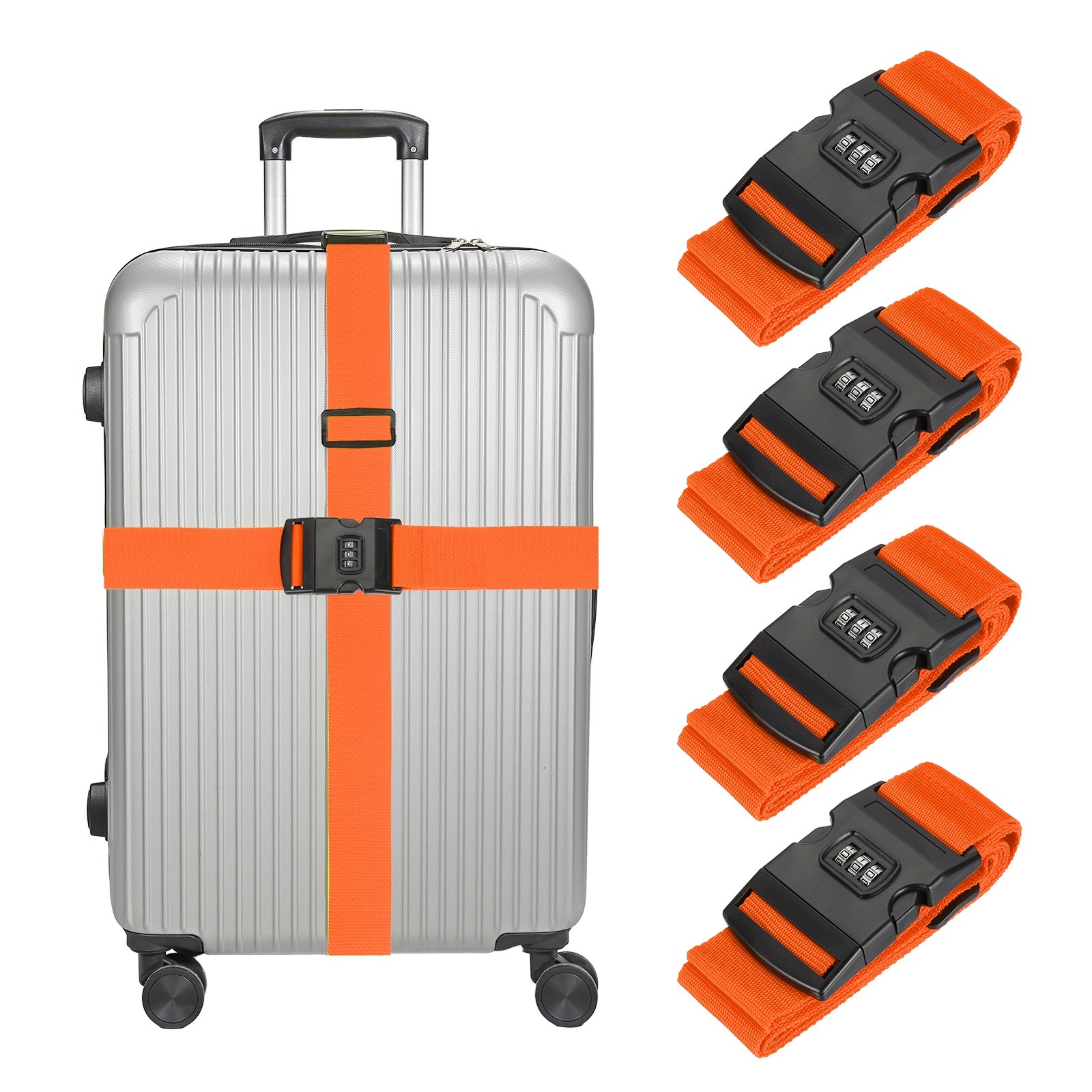 4pcs Luggage Straps with Combination Lock Adjustable Suitcase Belt, Orange-Red