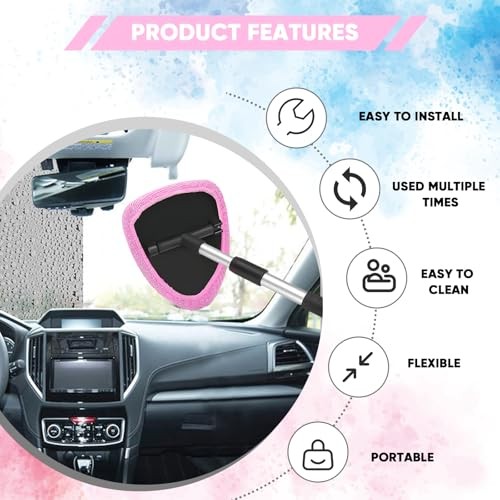 Windshield Cleaning Tool, Car Window Cleaner with Extendable Handle, 4 Pink