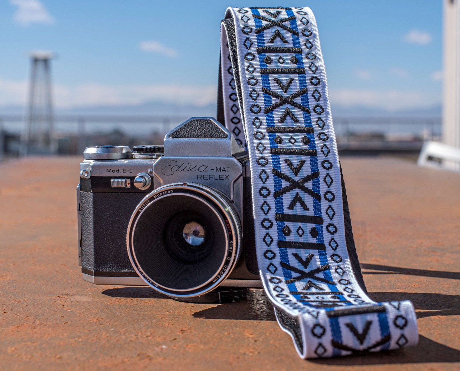 Stunning White, Blue, and Black Geometric Pattern Hippie-inspired Camera Strap