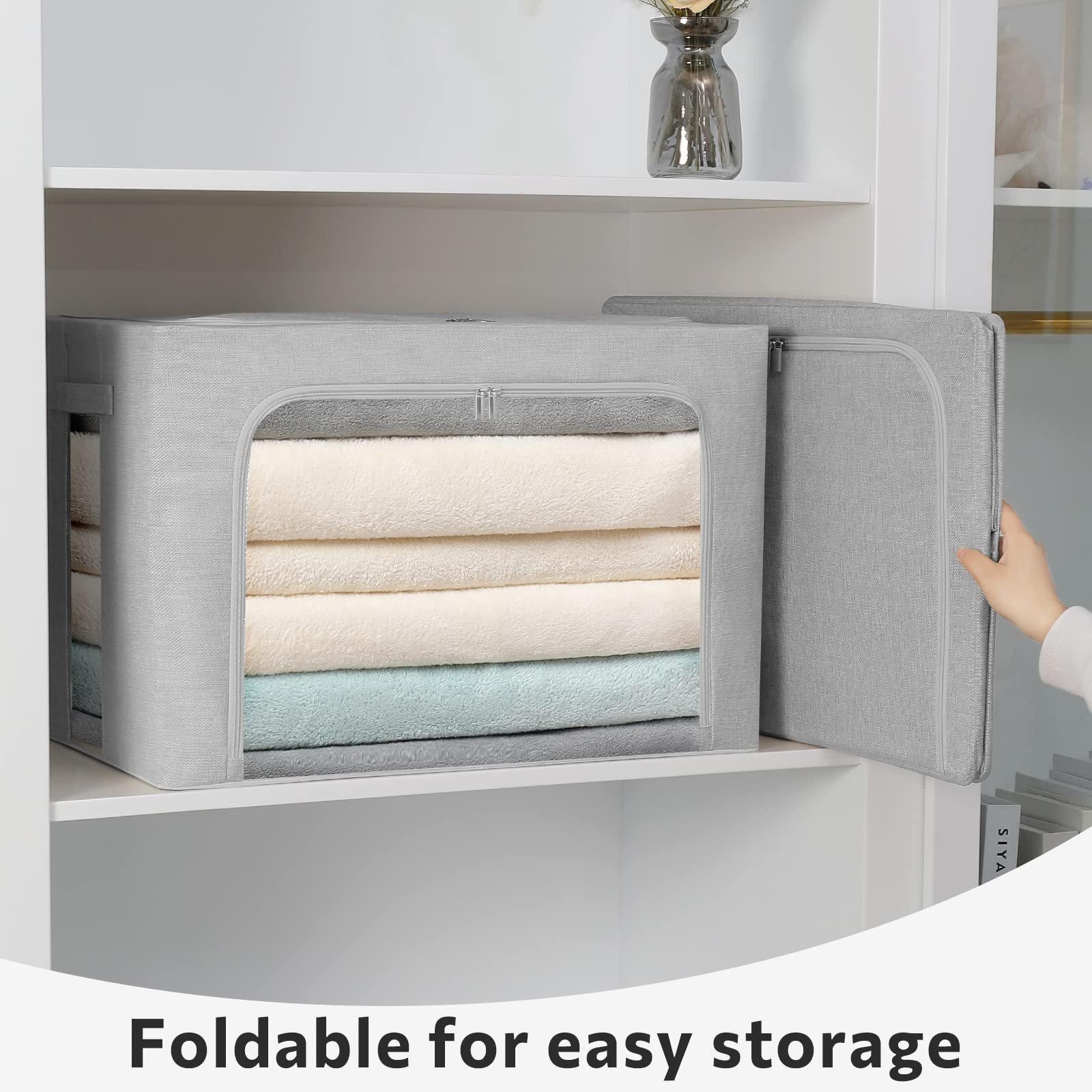 2 Pack Clothes Storage Bins Stackable Metal Frame Storage Foldable Linen Fabr...