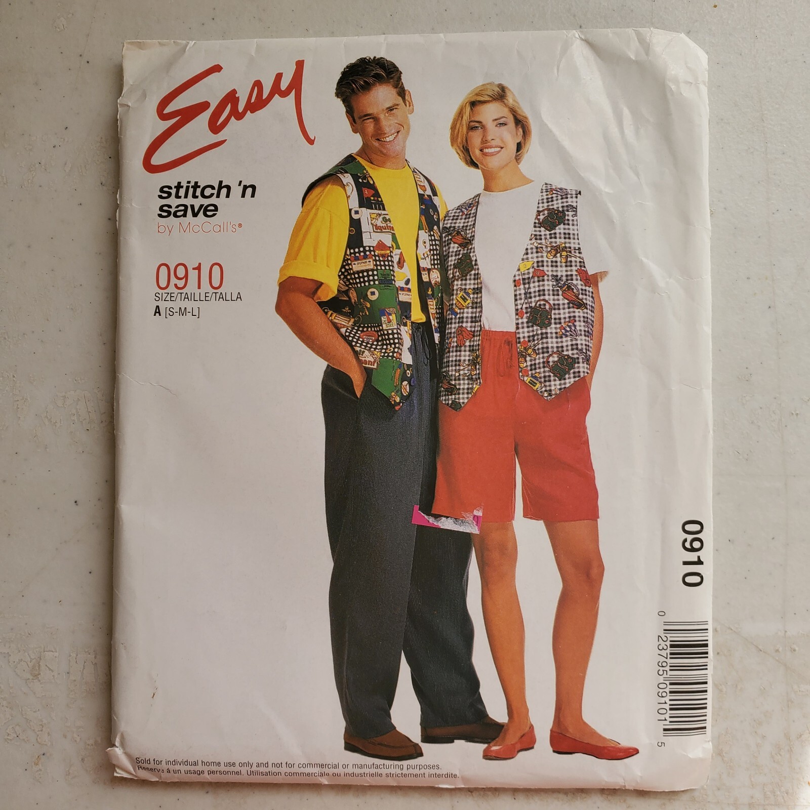 McCalls Pattern 0910 Unisex Vest T-Shirt Pants Shorts Pull-On Size S M L UNCUT