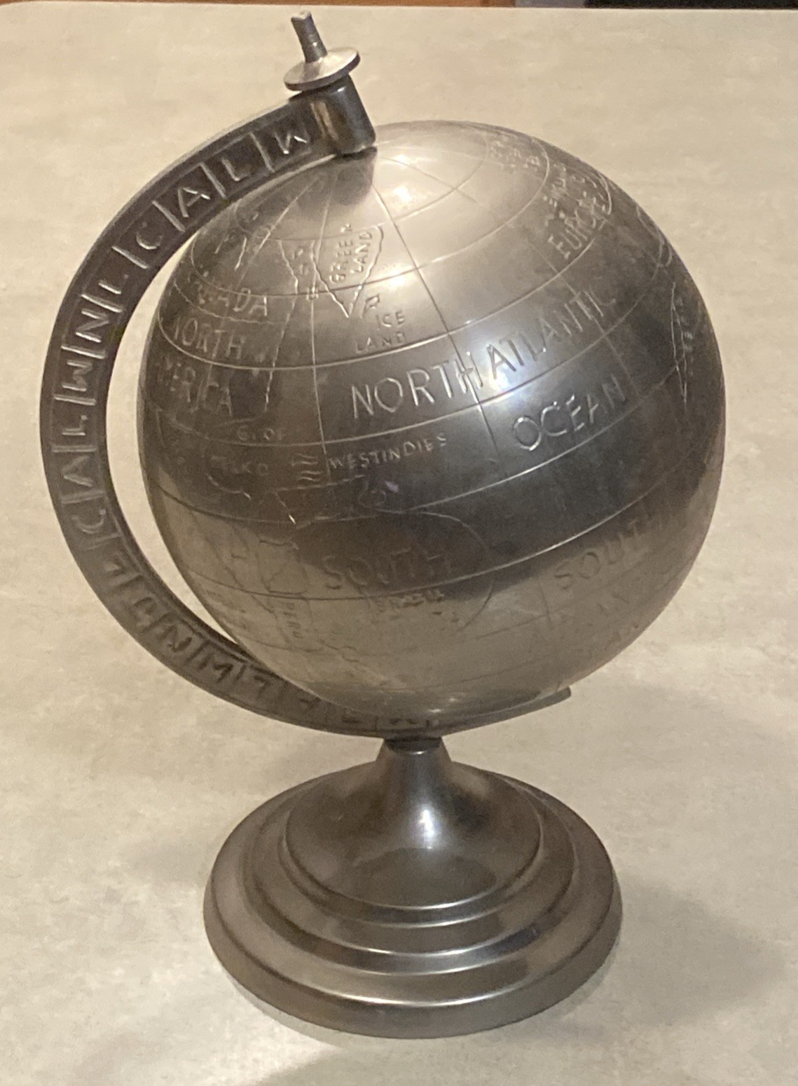 Vtg Silver Metal Chrome World Globe Map Rotating Heavy Desktop Decor 10” x 7”