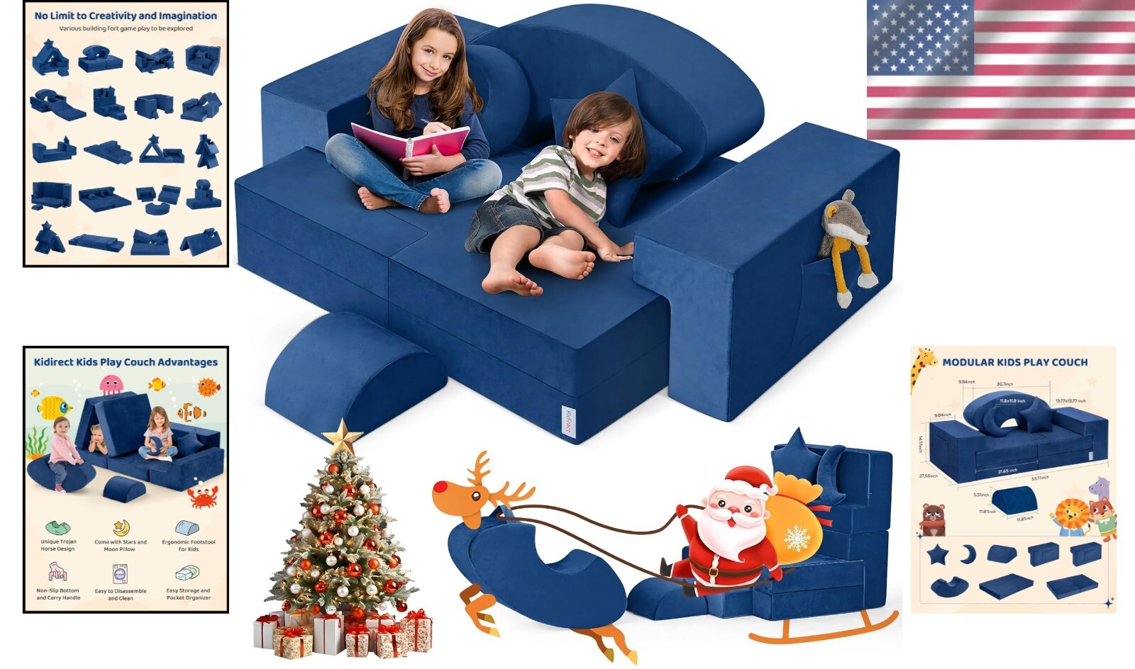Modular Kids Play Couch - Safe Washable Velvet & Convertible Rocking Horse
