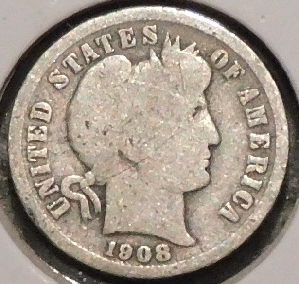 Silver Dime - Barber - 1908-D (Two light scratches on obv.) [636]
