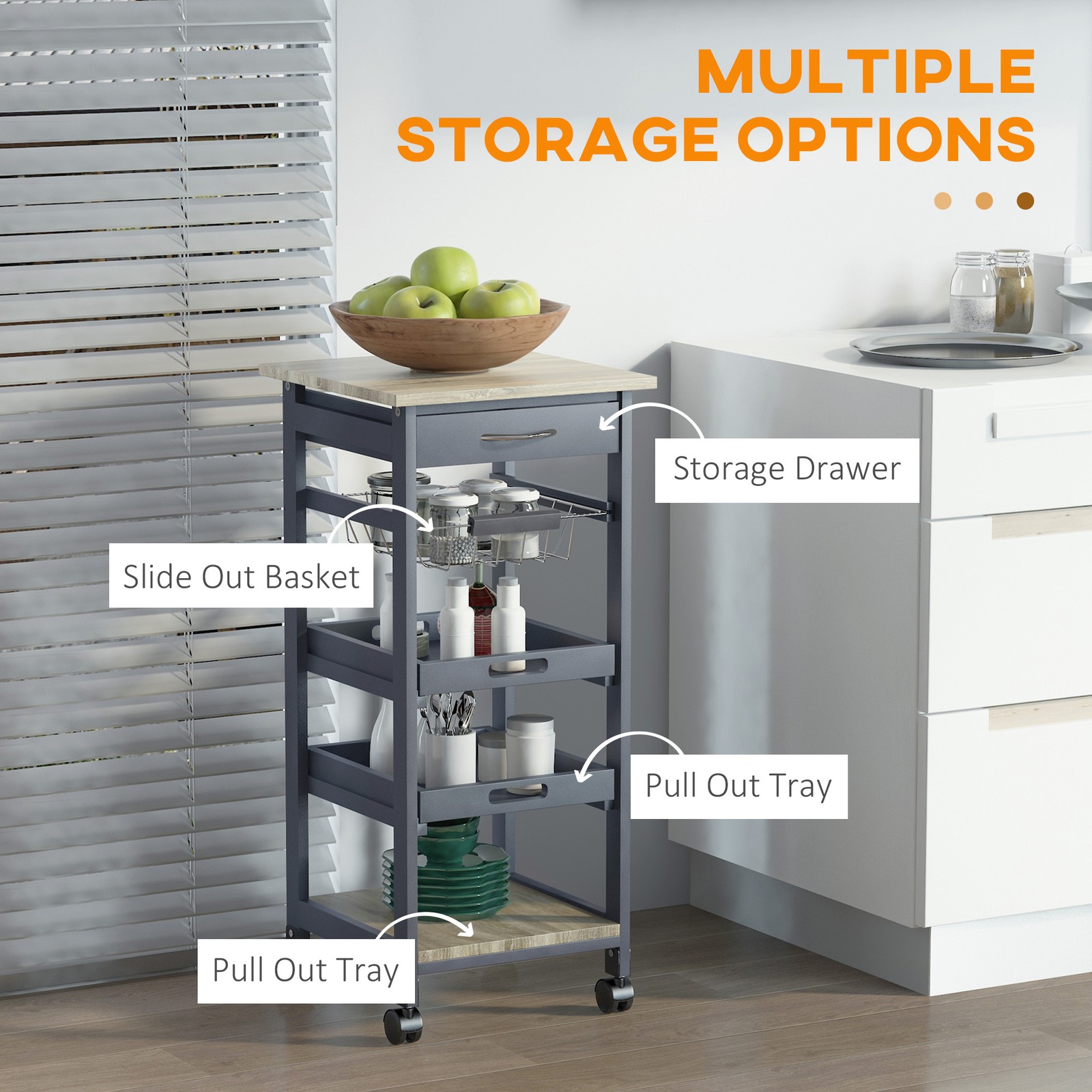 Rolling Kitchen Cart w/ Drawer, Basket, Trays & Solid Wood Frame, Gray