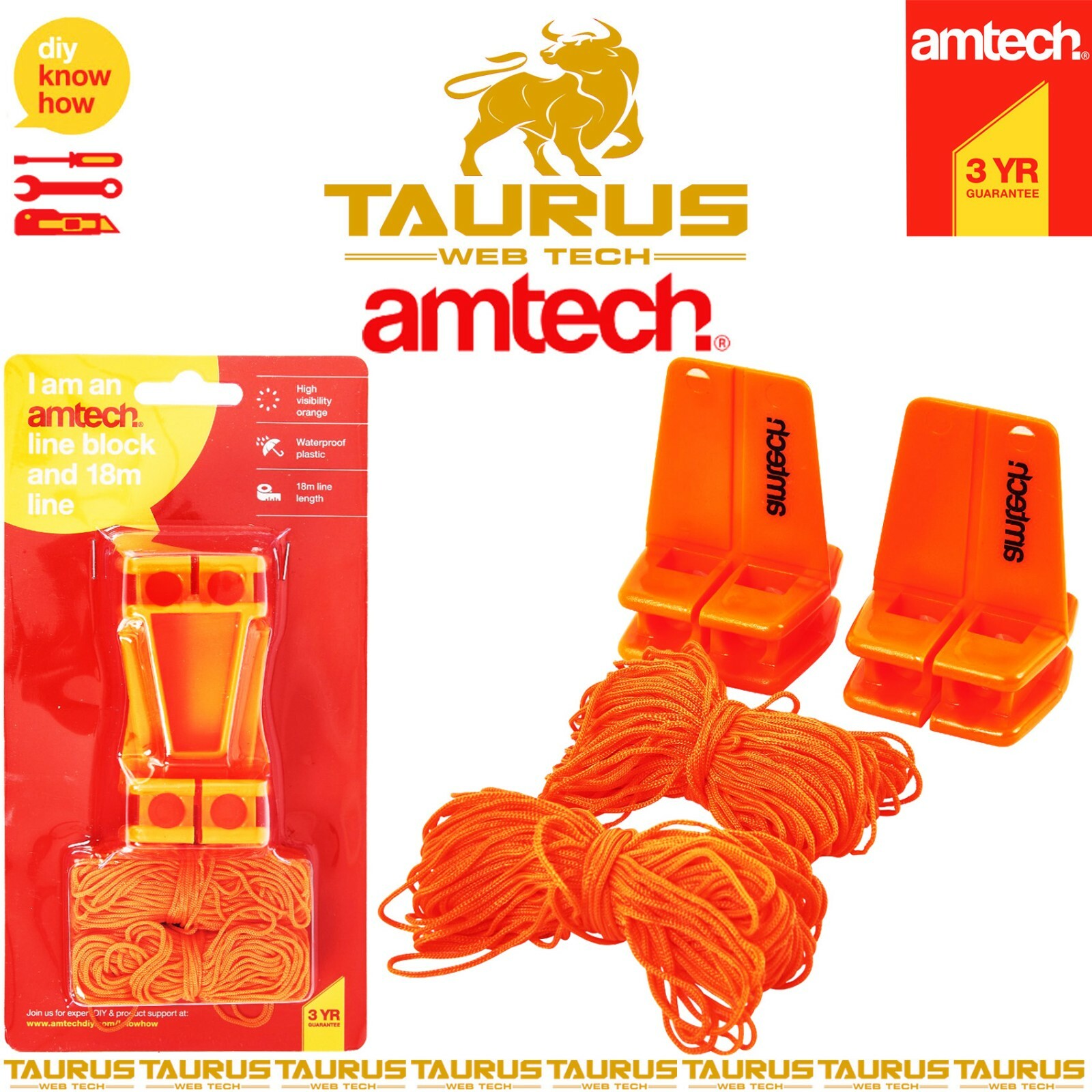 AMTECH Line Block & 18m String Brick Laying DIY L Corner HI VIS Builders Tool UK