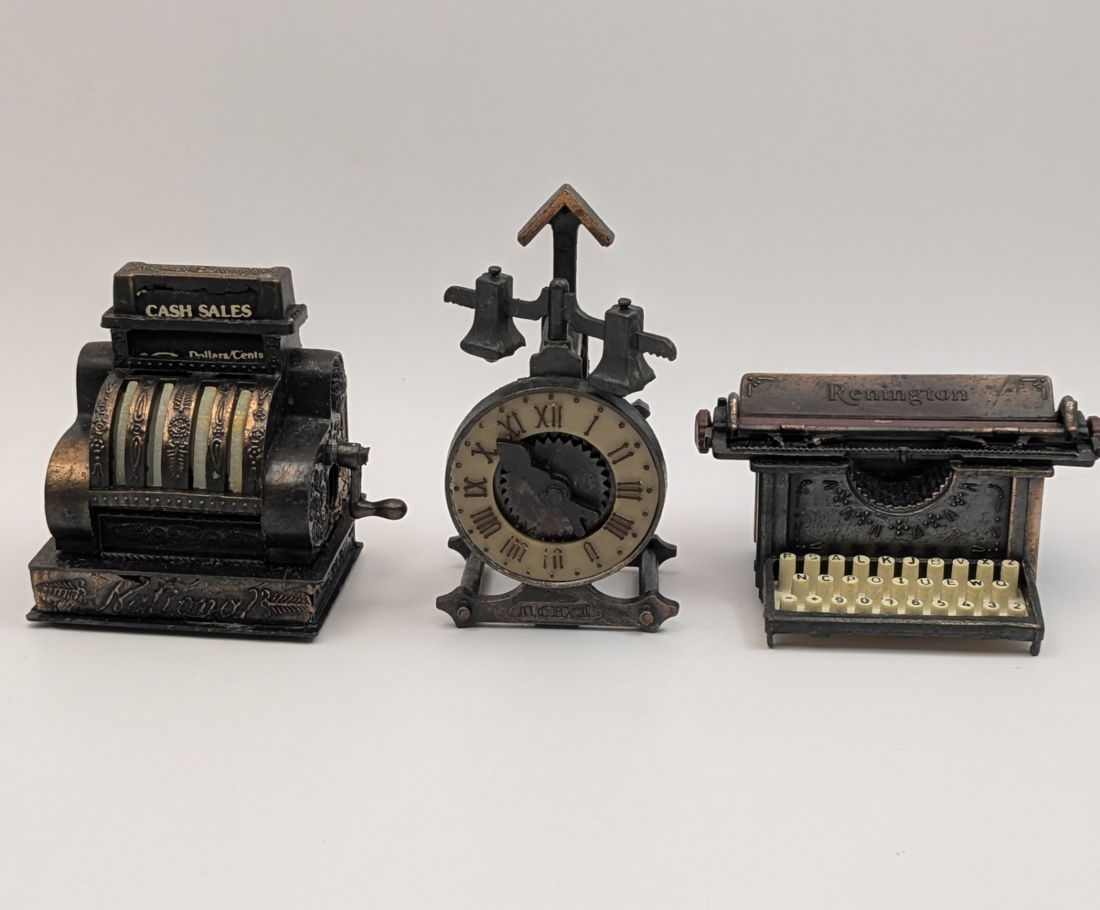 Lot of 3 Mini Die Cast Metal Pencil Sharpeners Typewriter, Clock, Cash Register