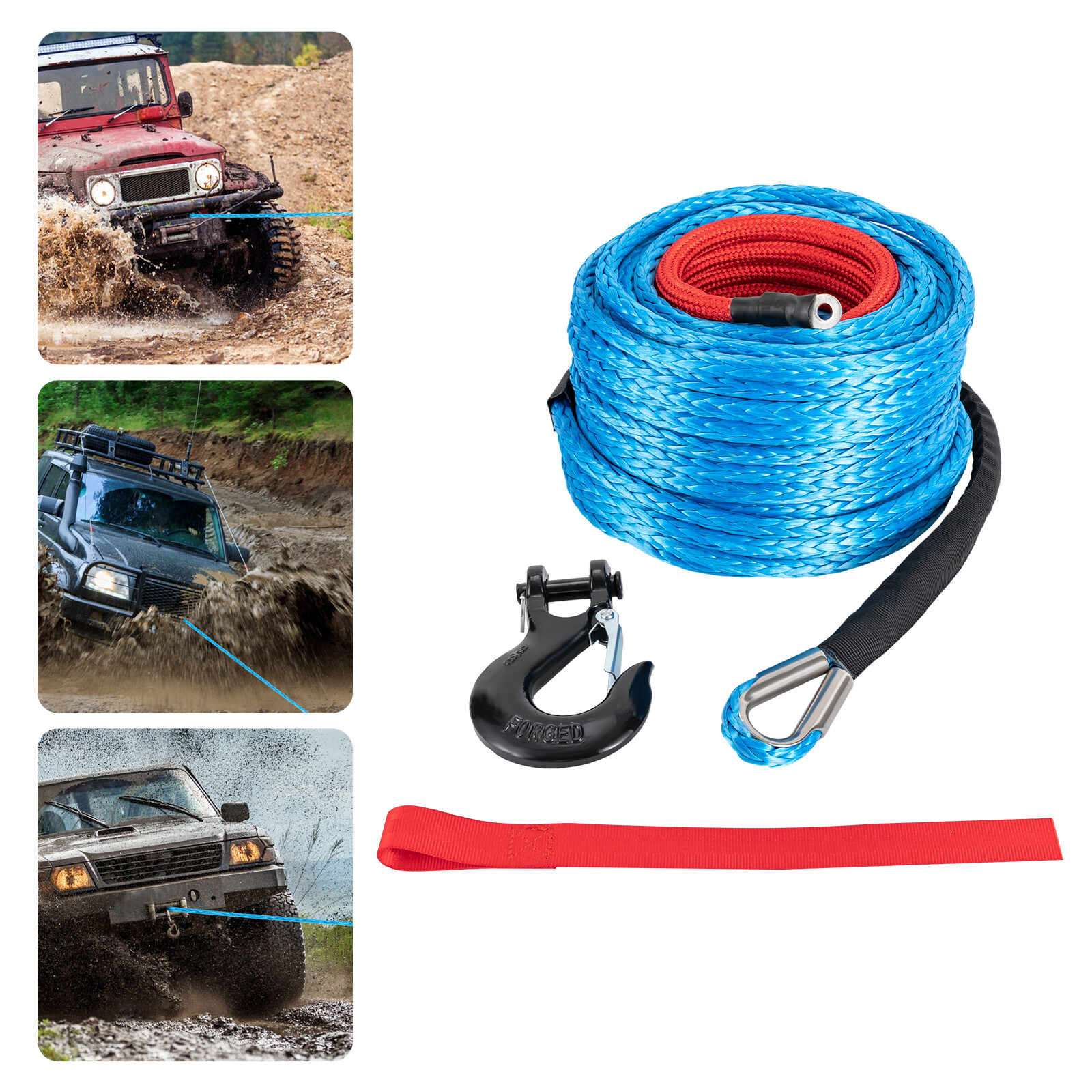 3/8x100' Synthetic Winch Rope w/ Hook Winch Cable w/Protective Sleeve New