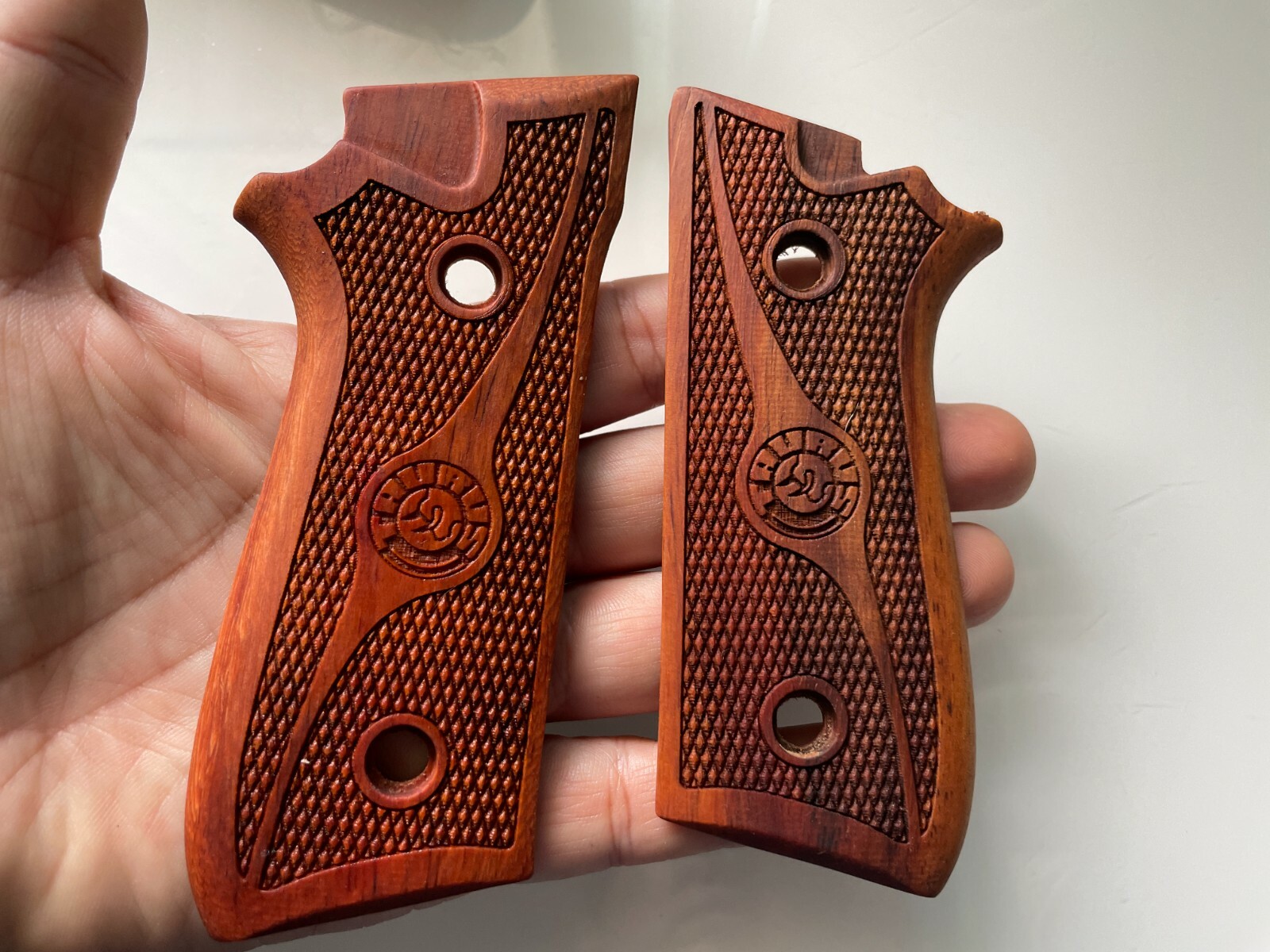 New Hardwood Grips For Taurus PT-92, 99, 100, 101 Decocker Checker Engraved #02