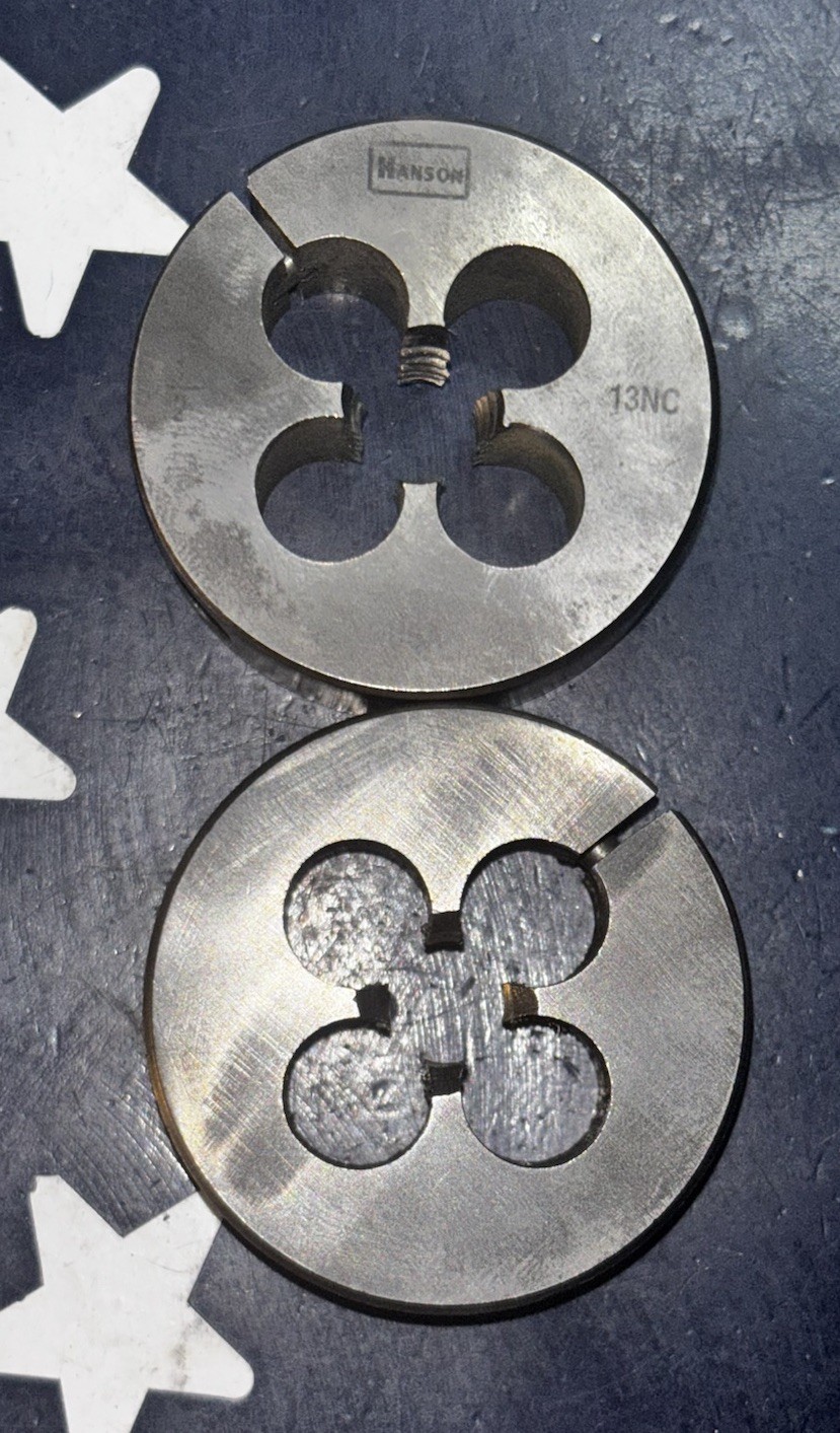 Two HANSON 1/2-13 NC ROUND ADJUSTABLE THREAD DIE USA USED HSS 1/2”-13   TWO DIES