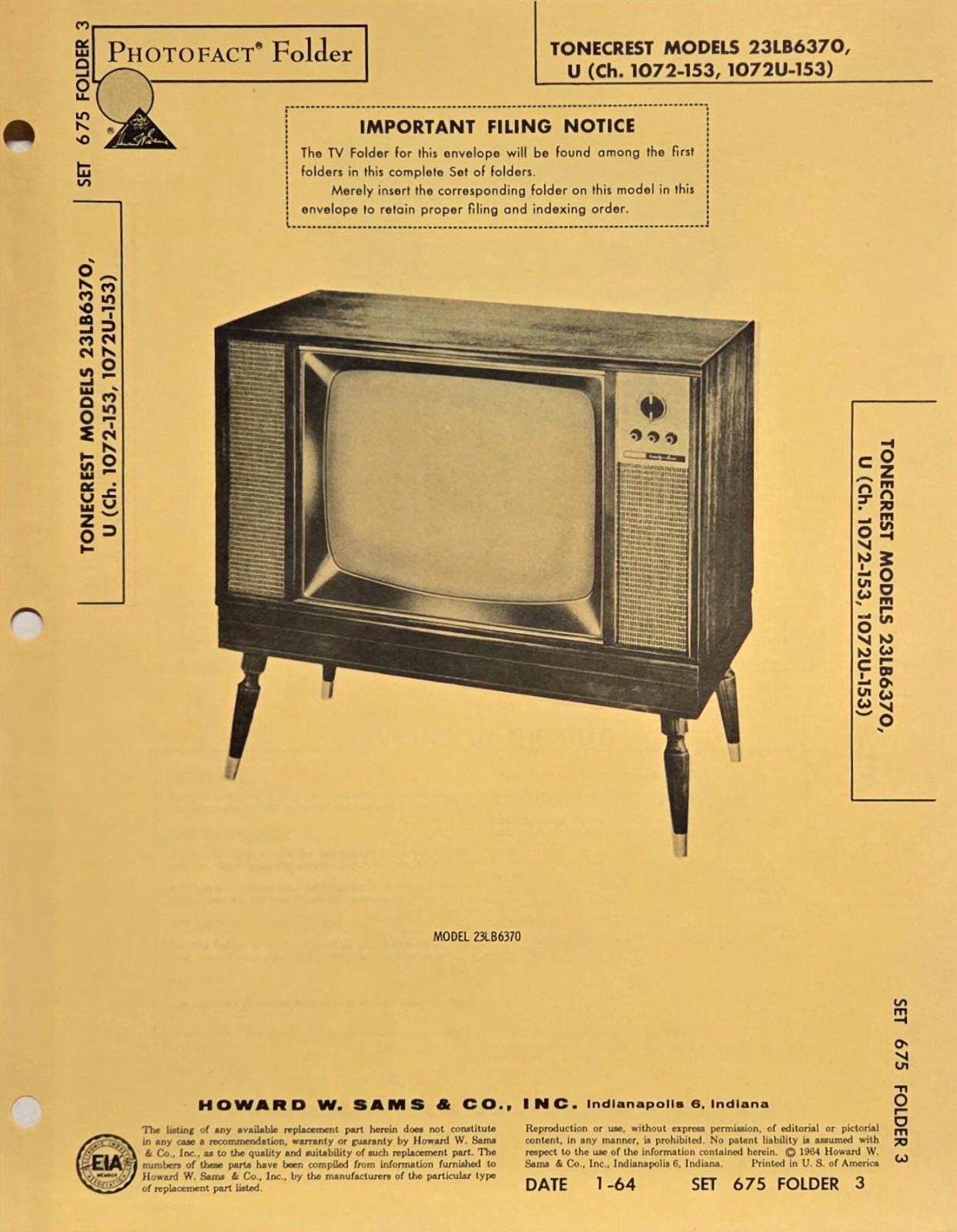 SAMS TELEVISION SERVICE MANUAL 675-3 TONECREST 23LB6370 U 1072-153 1072U-153