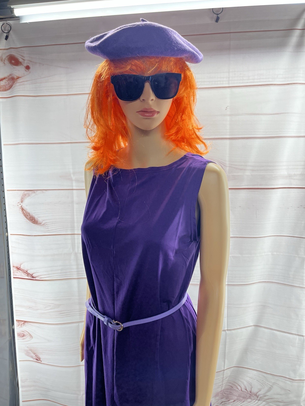 5 Pc Cosplay Sunglasses Purple Dress Belt Beret Orange Wig.NIP.31e