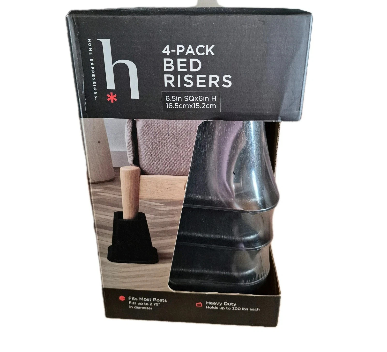 NEW Home Expressions 4-PACK Bed Risers 6.5 W x 6 H Fits Posts up to 2.75 in.