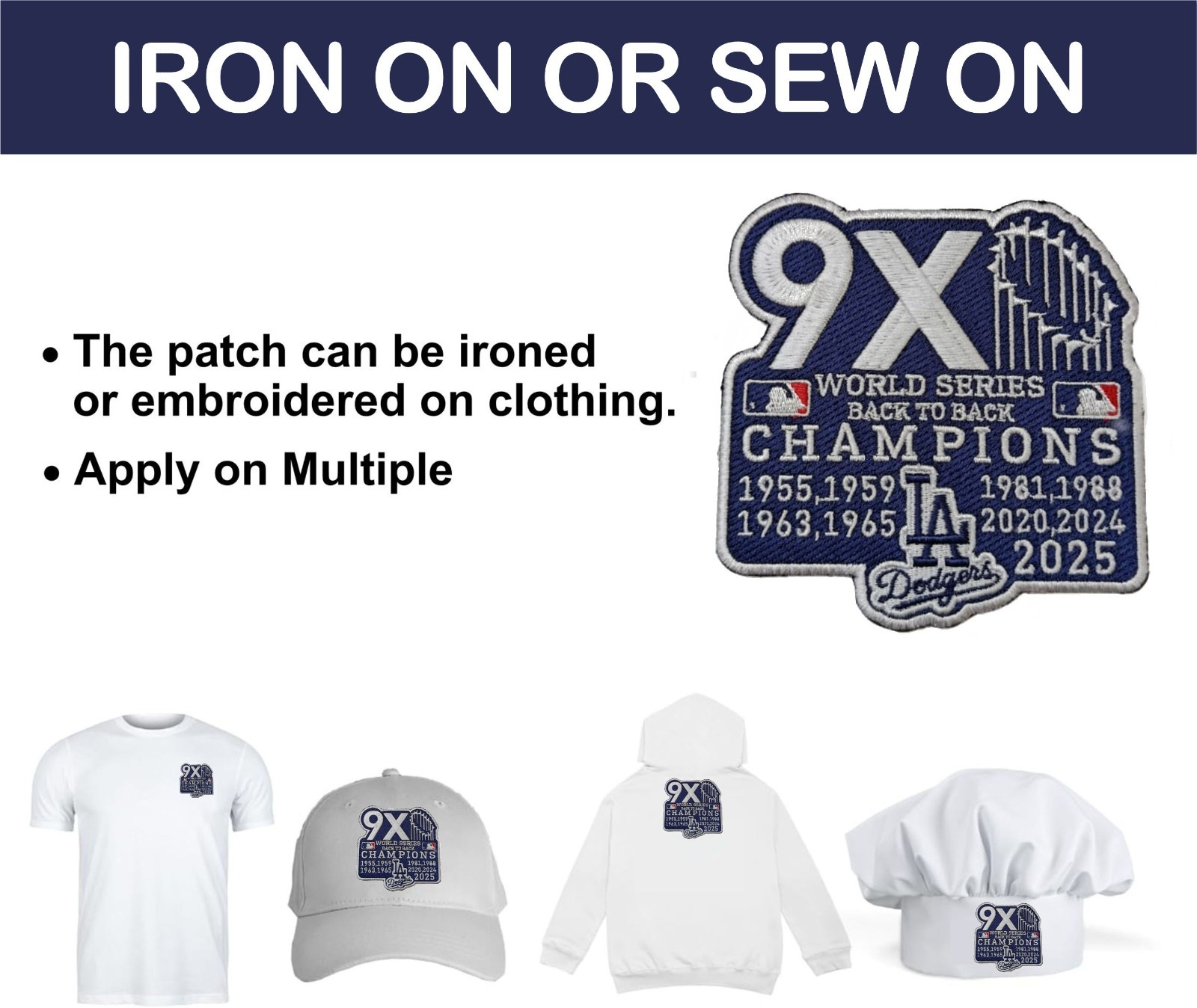 Dodgers 9x World Series Back to Back Champions Iron On Patch - Sew Patch