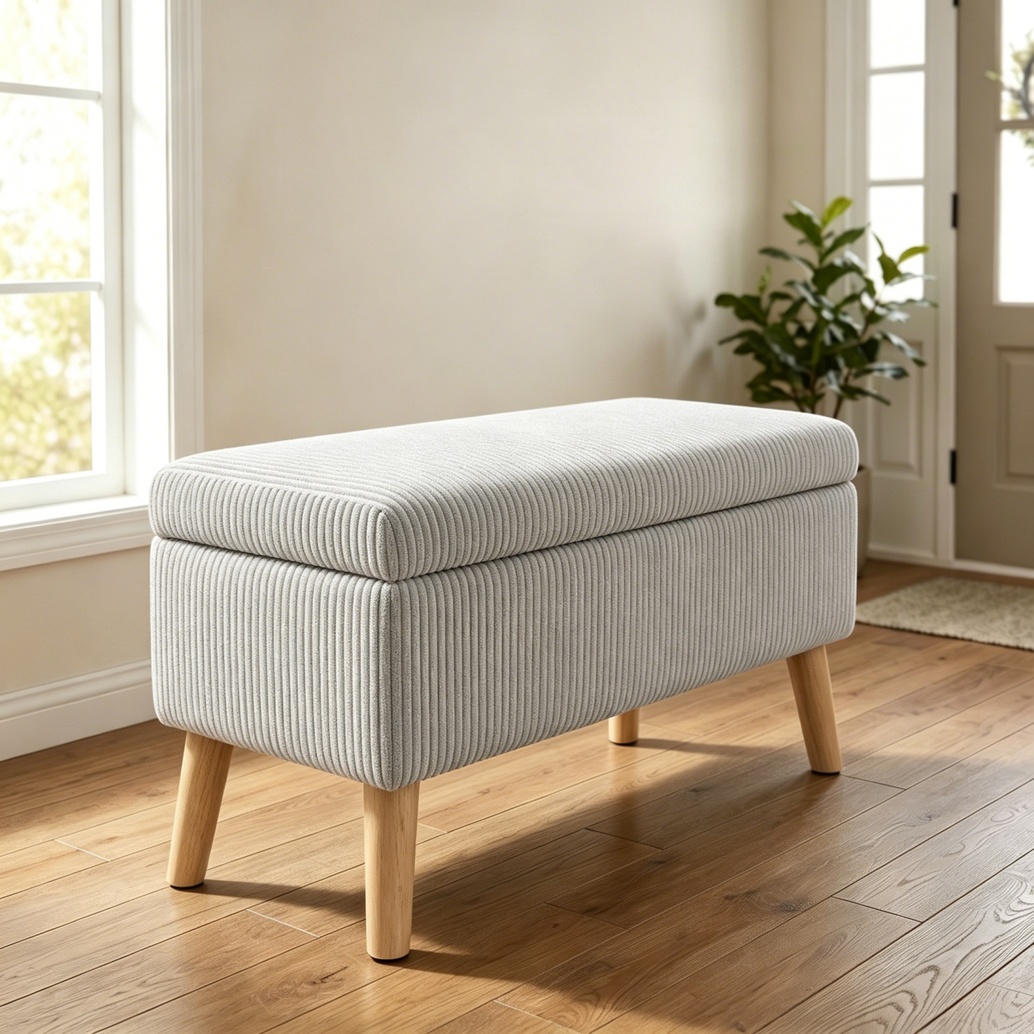 Modern Storage Ottoman Bench Corduroy Upholstered Footrest with Solid Wood Legs