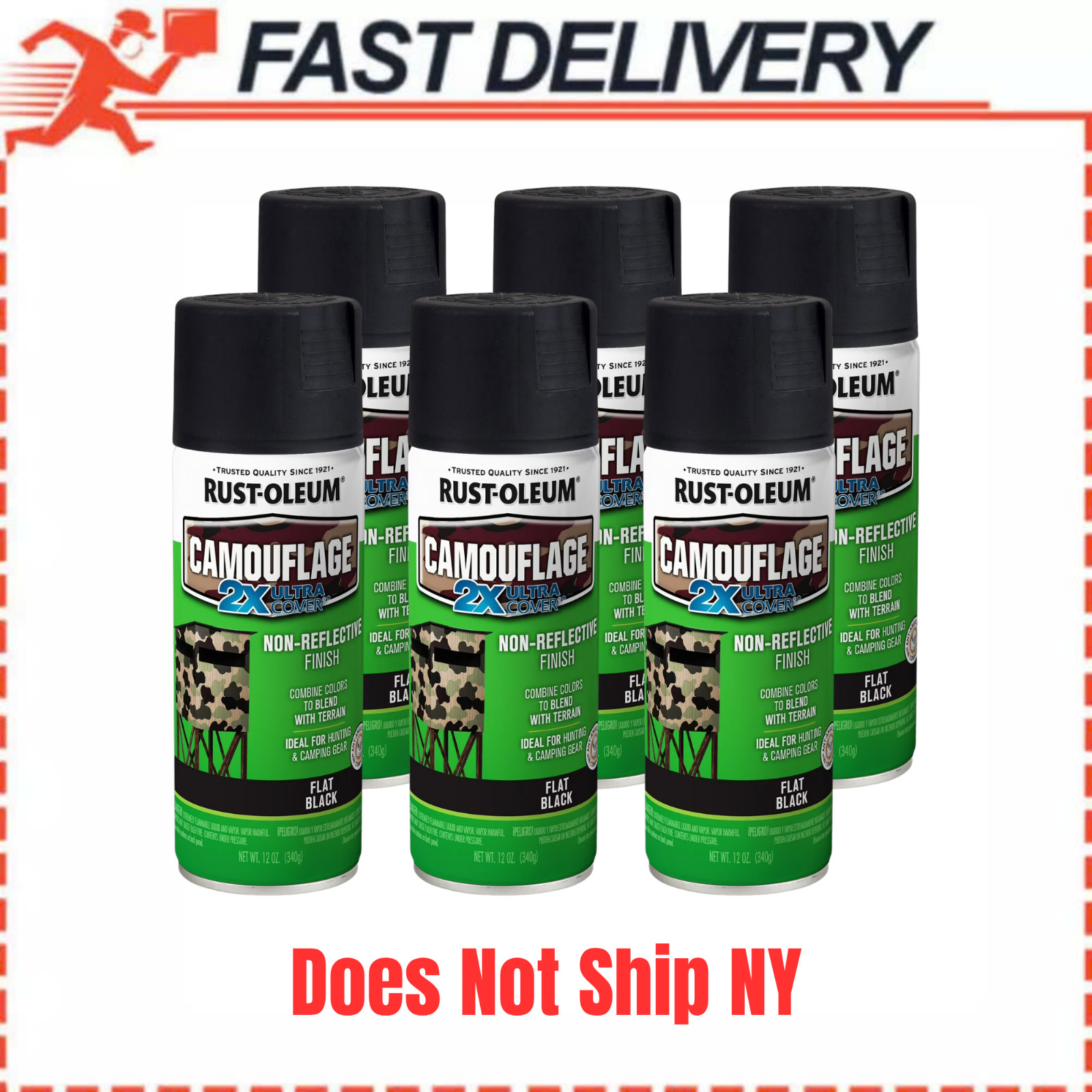 (6 Pack) Rust-Oleum Camouflage 2X Ultra Cover Flat Black Spray Paint 12 oz Camo