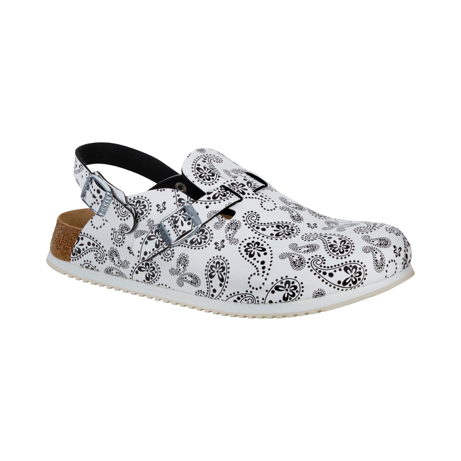 BIRKENSTOCK KAY PAISLEY BLACK/WHITE PROFESSIONAL MEDIUM/NARROW WIDTH CLOGS BACKS