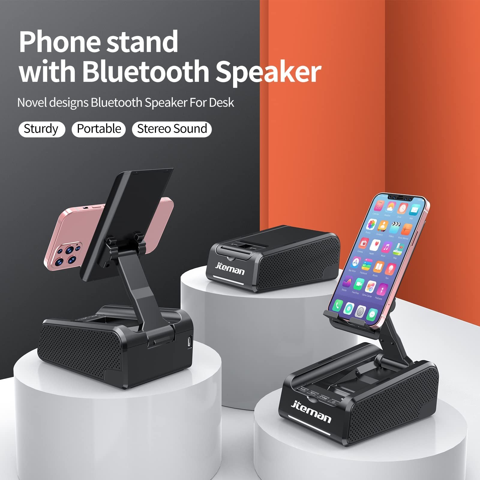 JTEMAN Cell Phone Stand with Bluetooth Speaker,Desktop Kitchen Gadgets Stand ...