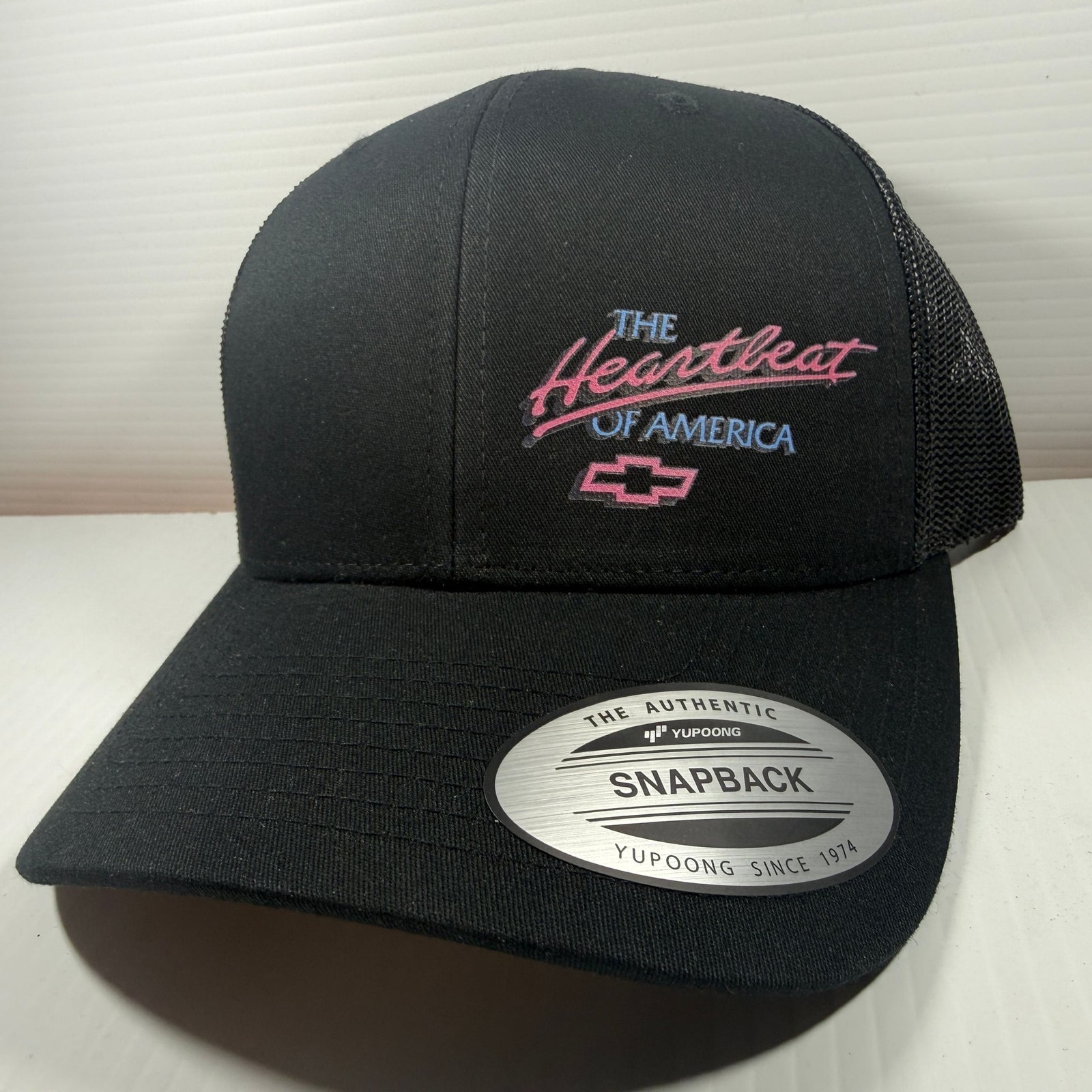 Vintage style OG Chevrolet The Heartbeat of America in Neon Pink/Blue Black Hat