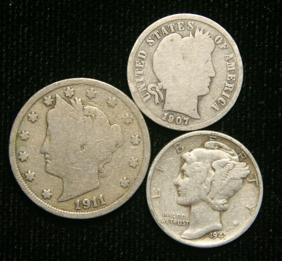 Old US Coin Estate Lot Barber Dime Liberty Nickel Mercury Dime 3 Coin Set