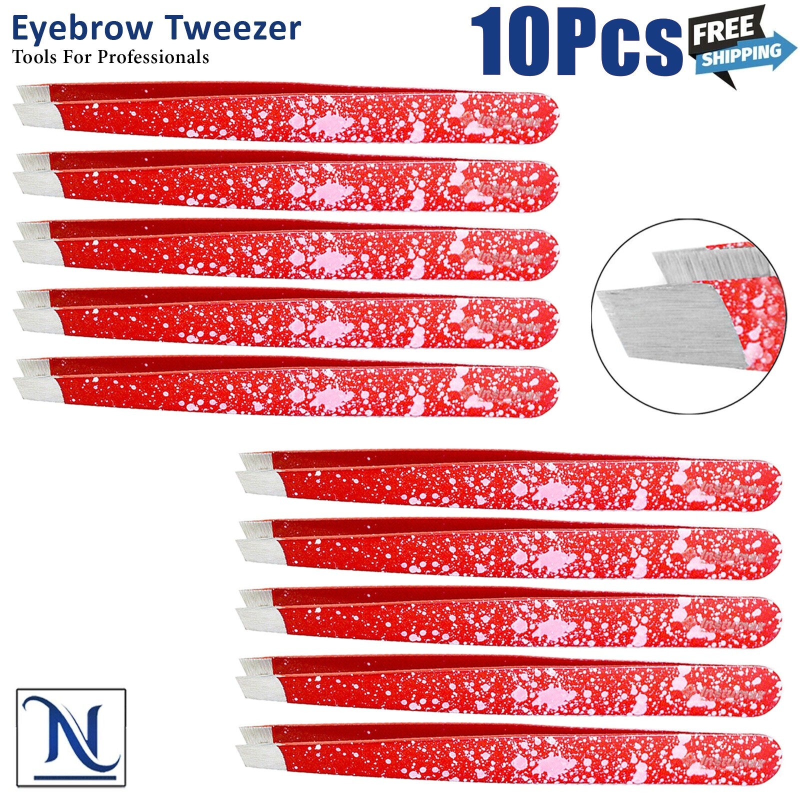 Red Tweezers Stainless Steel Eyebrow Shaping & Ingrown Hair Removal Tools 10Pcs