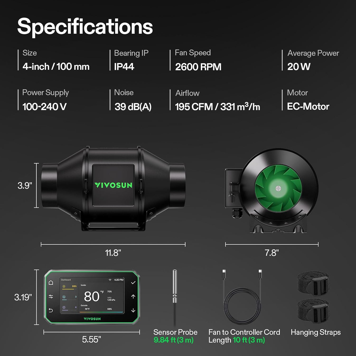 VIVOSUN G4 4" Inline Duct Fan & Temperature Humidity Controller, E42A+ Wifi-App